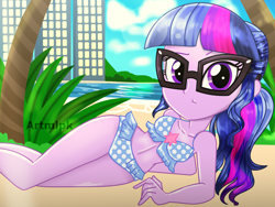 Size: 2048x1536 | Tagged: safe, artist:artmlpk, sci-twi, twilight sparkle, equestria girls, g4, adorable face, adorkable, alternate hairstyle, beach, beautiful, bikini, city, cityscape, clothes, cute, digital art, dork, female, looking at you, lying down, ocean, on side, palm tree, plant, plants, ponytail, sky, skyscraper, solo, swimsuit, tree, twiabetes, watermark