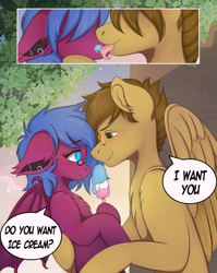 Size: 2000x2514 | Tagged: safe, artist:yomechka, oc, oc only, oc:sparky showers, oc:thistle down, bat pony, pegasus, pony, bedroom eyes, chest fluff, female, food, high res, i want you, ice cream, licking, male, oc x oc, shipping, shoulder fluff, straight, tongue out