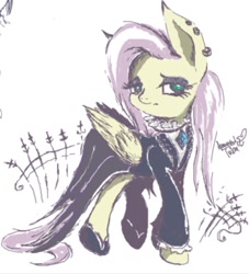 Size: 927x1021 | Tagged: safe, artist:psaxophone, fluttershy, pegasus, pony, fake it 'til you make it, g4, clothes, dress, ear piercing, eyeshadow, female, fluttergoth, makeup, mare, piercing, solo