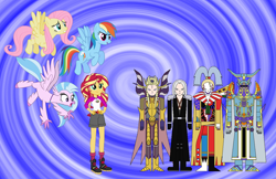 Size: 948x616 | Tagged: source needed, safe, artist:killroy231, fluttershy, rainbow dash, silverstream, sunset shimmer, equestria girls, g4, 1000 hours in gimp, crossover, emperor mateus, exdeath, final fantasy, final fantasy ii, final fantasy v, final fantasy vi, final fantasy vii, kefka palazzo, sephiroth