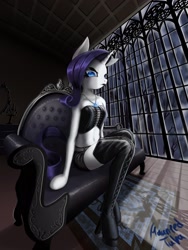 Size: 1536x2048 | Tagged: safe, artist:psaxophone, rarity, anthro, g4, boots, clothes, corset, couch, female, gothic, perspective, rug, shoes, shorts, solo, window