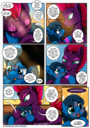 Size: 2480x3508 | Tagged: safe, artist:dsana, fizzlepop berrytwist, tempest shadow, oc, oc:lullaby dusk, pegasus, pony, unicorn, comic:a storm's lullaby, g4, broken horn, bruised, comic, cute, dialogue, female, filly, foal, high res, horn, mama tempest, mare, scar