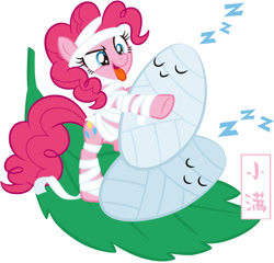 Size: 1123x1080 | Tagged: safe, part of a set, pinkie pie, earth pony, pony, g4, official, bandage, china, chinese, cocoon, cute, diapinkes, female, leaf, mummy, onomatopoeia, part of a series, silkworm, simple background, sleeping, solar term, solo, sound effects, tongue out, translated in the comments, white background, xiaoman, zzz