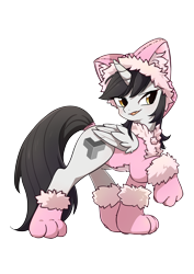 Size: 1926x2716 | Tagged: source needed, safe, artist:yukandasama, oc, oc only, oc:taikongjiyi, alicorn, pony, alicorn oc, behaving like a cat, black mane, clothes, female, horn, paws, simple background, solo, tongue out, transparent background, wings
