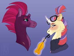 Size: 2731x2055 | Tagged: safe, artist:absoluteillusion, fizzlepop berrytwist, moondancer, tempest shadow, pony, unicorn, g4, blushing, bottle, broken horn, bust, clothes, curved horn, cute, dancerbetes, drinking, drinking straw, ear fluff, eye scar, female, glasses, gradient background, high res, horn, lesbian, looking away, magic, mare, portrait, scar, shipping, soda bottle, sweater, telekinesis, tempestbetes, tempestdancer