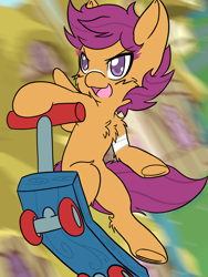 Size: 1536x2048 | Tagged: safe, artist:steelsoul, scootaloo, pegasus, pony, g4, bandage, cheek fluff, chest fluff, female, filly, leg fluff, open mouth, ponyville, scooter, shoulder fluff, solo, wingding eyes