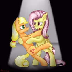 Size: 3000x3000 | Tagged: safe, artist:brilliant-luna, applejack, fluttershy, bat pony, pony, g4, bat ponified, bipedal, cheek fluff, dancing, duo, ear fluff, female, flower, flower in mouth, flutterbat, high res, lesbian, looking at each other, race swap, rose, rose in mouth, ship:appleshy, shipping, tango