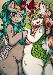 Size: 1430x2048 | Tagged: safe, artist:canvymamamoo, autumn blaze, rain shine, kirin, semi-anthro, g4, arm hooves, bedroom eyes, bipedal, blushing, butt, cloven hooves, cute, cute little fangs, duo, ear fluff, fangs, female, looking at you, mare, open mouth, plot, sexy, smiling, wide hips