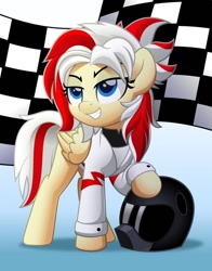 Size: 800x1022 | Tagged: safe, artist:jhayarr23, oc, oc only, oc:redsun, pegasus, pony, blue eyes, checkered flag, female, folded wings, helmet, mare, solo, wings