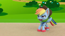 Size: 854x480 | Tagged: safe, screencap, rainbow dash, pegasus, pony, g4.5, my little pony: stop motion short, volleyball game between rainbow dash and applejack, applejack's hat, cowboy hat, female, hat, laughing, mare, sand, solo