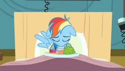 Size: 1920x1080 | Tagged: safe, screencap, rainbow dash, pegasus, pony, g4, read it and weep, bandage, bed, cute, drinking, female, floppy ears, glass, hospital, mare, solo