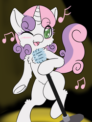 Size: 1536x2048 | Tagged: safe, artist:steelsoul, sweetie belle, pony, unicorn, g4, bipedal, blank flank, blushing, cheek fluff, chest fluff, cute, diasweetes, female, filly, leg fluff, looking at you, microphone, music notes, one eye closed, open mouth, singing, solo, underhoof, wingding eyes, wink