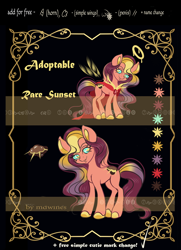 Size: 750x1036 | Tagged: safe, artist:mdwines, oc, oc only, earth pony, pony, adoptable, advertisement, auction, auction open, cutie mark, gold, halo, outfit, reference sheet, solo, sunset, toy, wings