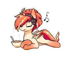 Size: 1000x800 | Tagged: safe, artist:rice, oc, oc only, oc:tomyum, pegasus, pony, bowl, cute, eyes closed, female, headphones, lying down, mare, music notes, simple background, solo, thailand, transparent background