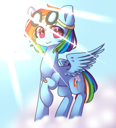 Size: 766x839 | Tagged: safe, artist:paintpalet35, artist:windymils, rainbow dash, pegasus, pony, g4, bandaid, cloud, collaboration, crepuscular rays, cute, dashabetes, female, goggles, mare, on a cloud, solo