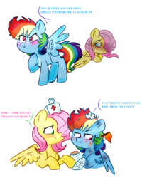 Size: 1159x1449 | Tagged: safe, artist:honneymoonmlp, derpibooru exclusive, fluttershy, rainbow dash, pegasus, pony, g4, bandage, bandaid, blushing, bruised, crying, duo, female, filly, filly fluttershy, filly rainbow dash, first aid, protecting, simple background, white background, younger