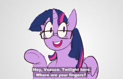 Size: 908x584 | Tagged: safe, artist:burgivore, twilight sparkle, alicorn, pony, g4, dialogue, female, glasses, ponified, solo, twilight sparkle (alicorn), vsauce