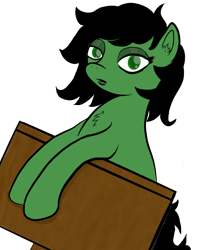 Size: 1307x1456 | Tagged: safe, artist:oldlunarlight, oc, oc only, oc:filly anon, earth pony, pony, pony town, chest fluff, eyeshadow, female, filly, inanimate object, makeup, mare, sign, solo