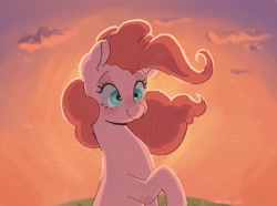 Size: 1584x1176 | Tagged: safe, artist:nodambol, pinkie pie, earth pony, pony, g4, bust, cloud, female, looking at you, mare, raised hoof, sky, smiling, solo, sun, three quarter view, windswept mane
