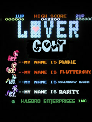 Size: 240x320 | Tagged: safe, artist:pagiepoppie12345, fluttershy, pinkie pie, rainbow dash, rarity, earth pony, pegasus, pony, unicorn, g4, 8-bit, arcade game, female, game, lover boy, mare, parody, story included, text, title screen, video game, vulgar description