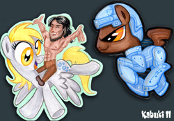 Size: 965x677 | Tagged: safe, artist:kabukihomewood, derpy hooves, oc, earth pony, human, pegasus, pony, g4, abs, armpits, badge, clothes, con badge, crossover, eyes closed, female, flying, gray background, humans riding ponies, male, male nipples, mare, nipples, nudity, open mouth, pants, partial nudity, riding, shoes, simple background, smiling, topless, traditional art, tron