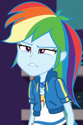 Size: 632x958 | Tagged: safe, screencap, rainbow dash, dashing through the mall, equestria girls, equestria girls series, g4, holidays unwrapped, spoiler:eqg series (season 2), canterlot mall, clothes, cloud, cropped, cute, dashabetes, female, geode of super speed, hoodie, jacket, jewelry, lidded eyes, magical geodes, necklace, pockets, rainbow, shirt, short sleeves, store, t-shirt, thunderbolt, unamused