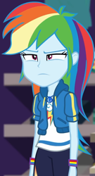 Size: 515x952 | Tagged: safe, screencap, rainbow dash, dashing through the mall, equestria girls, equestria girls series, g4, holidays unwrapped, spoiler:eqg series (season 2), canterlot mall, clothes, cloud, cropped, cute, dashabetes, female, geode of super speed, hoodie, jacket, jewelry, lidded eyes, magical geodes, necklace, pants, pockets, rainbow, shirt, short sleeves, store, t-shirt, thunderbolt, unamused, wristband