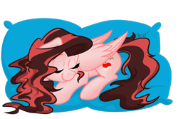 Size: 1800x1200 | Tagged: safe, artist:cadetredshirt, oc, oc only, oc:scarlett blade, pegasus, pony, commission, eyes closed, female, long mane, long tail, mare, pillow, sleeping, two toned mane, two toned tail, ych example, ych result