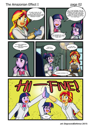 Size: 1000x1395 | Tagged: safe, artist:advanceddefense, artist:bluecarnationstudios, sci-twi, sunset shimmer, twilight sparkle, comic:the amazonian effect, equestria girls, g4, clothes, comic, high five, lab coat, patreon, test tube, the science sisters, twolight
