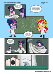 Size: 1000x1396 | Tagged: safe, artist:advanceddefense, artist:bluecarnationstudios, sci-twi, sunset shimmer, twilight sparkle, mouse, comic:the amazonian effect, equestria girls, g4, cage, chalkboard, chibi, comic, looney tunes, patreon, science, speedy gonzales, this will end in science, twolight