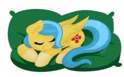 Size: 1800x1114 | Tagged: safe, artist:cadetredshirt, oc, oc only, oc:ocean shore, pegasus, pony, coat markings, commission, ear fluff, eyes closed, female, happy, long tail, mare, pegasus oc, pillow, sleeping, smiling, socks (coat markings), solo, two toned mane, two toned tail, wings, ych result