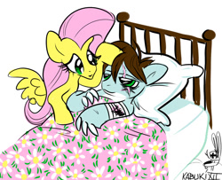 Size: 800x651 | Tagged: safe, artist:kabukihomewood, fluttershy, oc, oc:savage shark, original species, pegasus, pony, shark, shark pony, g4, bandage, bed, blanket, canon x oc, claws, comforting, female, injured, looking at each other, male, mare, on back, scar, simple background, spread wings, white background, wings