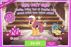 Size: 1187x778 | Tagged: safe, gameloft, twinkleworks, earth pony, pony, g4, clothes, costs real money, female, gem, introduction card, maid, mare, solo