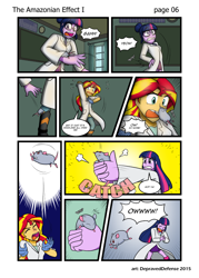 Size: 1000x1395 | Tagged: safe, artist:advanceddefense, artist:bluecarnationstudios, sci-twi, sunset shimmer, twilight sparkle, mouse, comic:the amazonian effect, equestria girls, g4, biting, blushing, canterlot high, clothes, comic, counterparts, eyes closed, glasses, lab coat, open mouth, patreon, red eyes, skirt, speech bubble, talking, transformation, twilight's counterparts, twolight