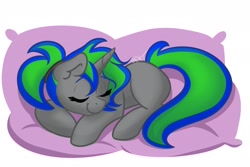 Size: 1800x1200 | Tagged: safe, artist:cadetredshirt, oc, oc only, oc:vivid glow, pony, unicorn, commission, digital art, eyes closed, female, happy, long tail, mare, pillow, sleeping, solo, two toned mane, two toned tail, ych example, ych result