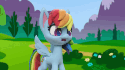 Size: 800x450 | Tagged: safe, screencap, rainbow dash, pegasus, pony, g4.5, my little pony: stop motion short, volleyball game between rainbow dash and applejack, animated, backwards cutie mark, blinking, determined look, female, gif, solo, stop motion, wings
