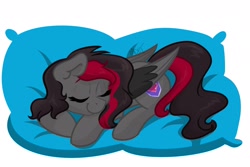 Size: 1800x1200 | Tagged: safe, artist:cadetredshirt, oc, oc only, pegasus, pony, commission, ear fluff, eyes closed, female, mare, pillow, red and black oc, sleeping, solo, two toned mane, two toned tail, two toned wings, wings, ych result