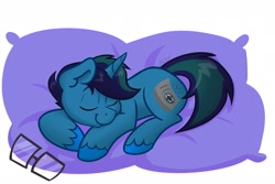 Size: 1800x1200 | Tagged: safe, artist:cadetredshirt, oc, oc only, oc:arioso, pony, unicorn, blue coat, commission, cute, ear fluff, eyes closed, glasses, horn, male, pillow, sleeping, smiling, solo, stallion, two toned mane, two toned tail, unshorn fetlocks, ych result