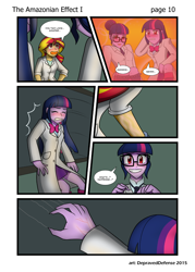 Size: 1000x1395 | Tagged: safe, artist:advanceddefense, artist:bluecarnationstudios, sci-twi, sunset shimmer, twilight sparkle, comic:the amazonian effect, equestria girls, g4, blushing, canterlot high, clothes, comic, counterparts, dialogue, eye color change, eyes closed, glasses, lab coat, open mouth, red eyes, skirt, speech bubble, talking, transformation, twilight's counterparts