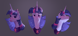 Size: 4160x1968 | Tagged: safe, artist:varwing, twilight sparkle, alicorn, pony, g4, bust, crown, ethereal mane, female, gray background, high res, jewelry, mare, peytral, portrait, regalia, simple background, solo, starry mane, twilight sparkle (alicorn)