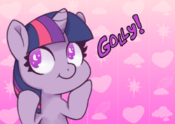 Size: 2016x1426 | Tagged: safe, alternate version, artist:wild-thunder06, twilight sparkle, pony, g4, cloud, cute, female, filly, filly twilight sparkle, golly, heart, no pupils, pink background, simple background, solo, sparkly eyes, twiabetes, wingding eyes, younger