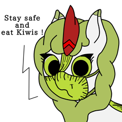 Size: 3000x3000 | Tagged: safe, artist:juani236, oc, oc only, oc:kiwin, kirin, coronavirus, covid-19, face mask, food, fruit, high res, kirin oc, kiwi fruit, looking at you, mask, ppe, simple background, solo, stay at home, text, transparent background
