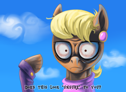 Size: 4108x3000 | Tagged: safe, artist:skunk bunk, ms. harshwhinny, earth pony, pony, g4, bloodshot eyes, clothes, cloud, detailed background, dialogue, does this look unsure to you?, ear piercing, earring, female, grumpy, jewelry, just one bite, male, meme, piercing, scarf, sky, spongebob squarepants, squidward tentacles, unsure