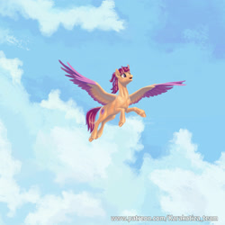 Size: 2000x2000 | Tagged: safe, artist:kirillk, scootaloo, pegasus, pony, fanfic:twilight's nightmare, g4, clothes, cloud, cloudy, colored wings, colored wingtips, female, filly, flying, foal, high res, hooves, open mouth, scootaloo can fly, sky, solo, wings