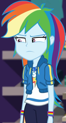 Size: 513x947 | Tagged: safe, screencap, dashing through the mall, equestria girls, equestria girls series, g4, holidays unwrapped, spoiler:eqg series (season 2), canterlot mall, clothes, cloud, cropped, female, geode of super speed, hoodie, jacket, jewelry, lidded eyes, looking down, magical geodes, necklace, pants, pockets, rainbow, shirt, short sleeves, solo, store, t-shirt, thunderbolt, unamused, wristband