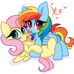 Size: 3000x3000 | Tagged: safe, artist:pesty_skillengton, fluttershy, rainbow dash, pegasus, pony, g4, :p, blushing, chibi, commission, cute, duo, duo female, female, folded wings, heart, heart eyes, high res, lesbian, looking at you, lying down, mare, on back, ship:flutterdash, shipping, simple background, spread wings, tongue out, white background, wingding eyes, wings, ych example, your character here