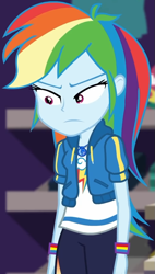 Size: 523x923 | Tagged: safe, screencap, rainbow dash, dashing through the mall, equestria girls, equestria girls series, g4, holidays unwrapped, spoiler:eqg series (season 2), canterlot mall, clothes, cloud, cropped, cute, dashabetes, female, geode of super speed, hoodie, jacket, jewelry, lidded eyes, looking down, magical geodes, necklace, pants, pockets, rainbow, shirt, short sleeves, store, t-shirt, thunderbolt, unamused, wristband