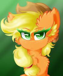 Size: 3396x4068 | Tagged: safe, artist:vanillaswirl6, applejack, earth pony, pony, g4, bust, cowboy hat, fluffy, freckles, green background, hat, portrait, simple background, solo, stetson