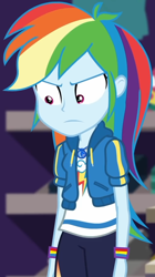 Size: 518x925 | Tagged: safe, screencap, rainbow dash, dashing through the mall, equestria girls, equestria girls specials, g4, my little pony equestria girls: better together, my little pony equestria girls: holidays unwrapped, angry, canterlot mall, clothes, cloud, cropped, cute, dashabetes, female, geode of super speed, hoodie, jacket, jewelry, looking down, magical geodes, necklace, pants, pockets, rainbow, shirt, short sleeves, solo, store, t-shirt, thunderbolt, unamused, wristband