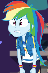 Size: 597x910 | Tagged: safe, screencap, rainbow dash, dashing through the mall, equestria girls, equestria girls series, g4, holidays unwrapped, spoiler:eqg series (season 2), angry, canterlot mall, clothes, cloud, cropped, cute, dashabetes, female, fist, geode of super speed, hoodie, jacket, jewelry, magical geodes, necklace, pants, pockets, rainbow, shirt, short sleeves, store, t-shirt, talking, thunderbolt, unamused, wristband